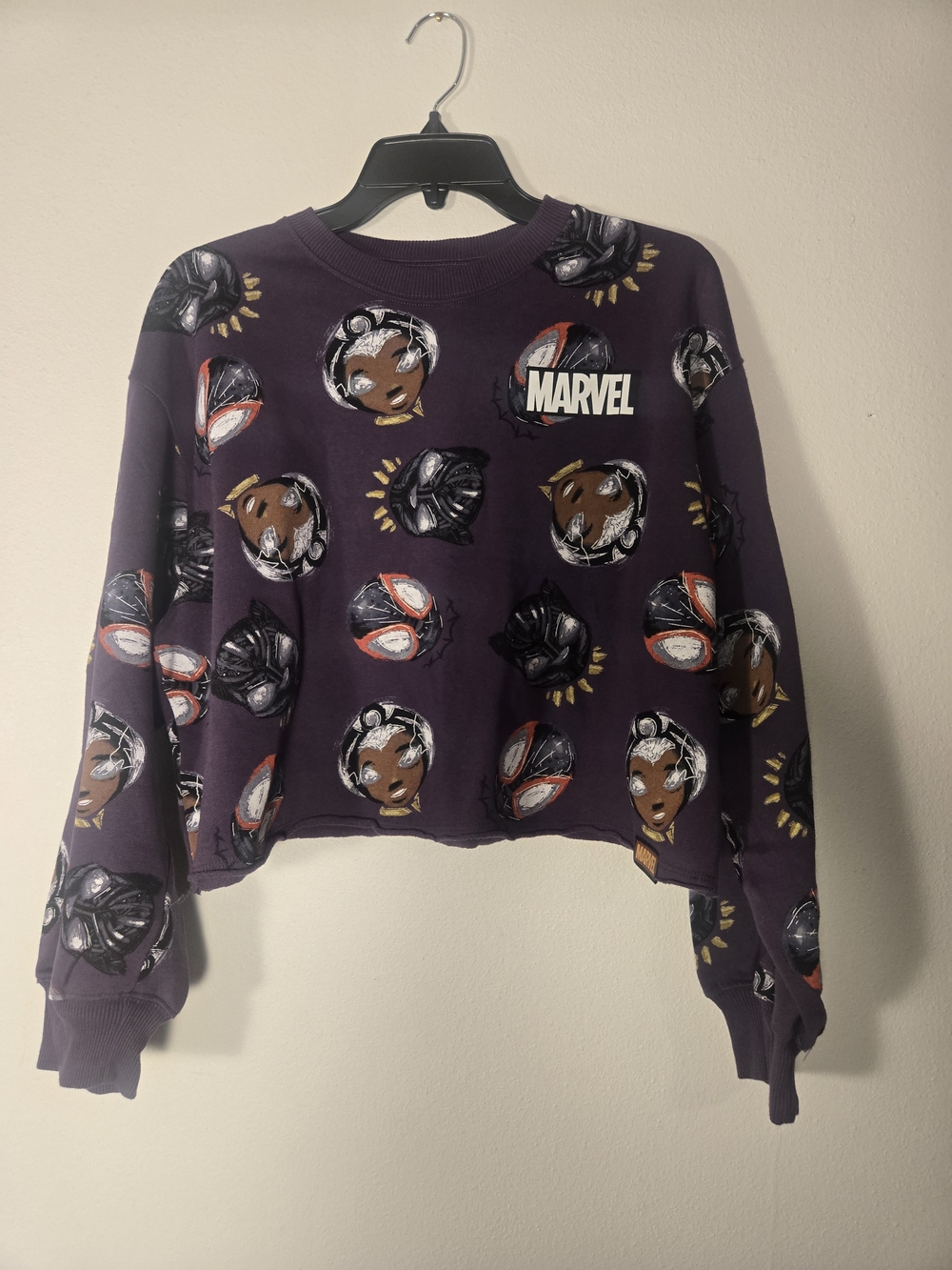 Marvel Women's Dark Purple All-Over Character Crewneck Sweater